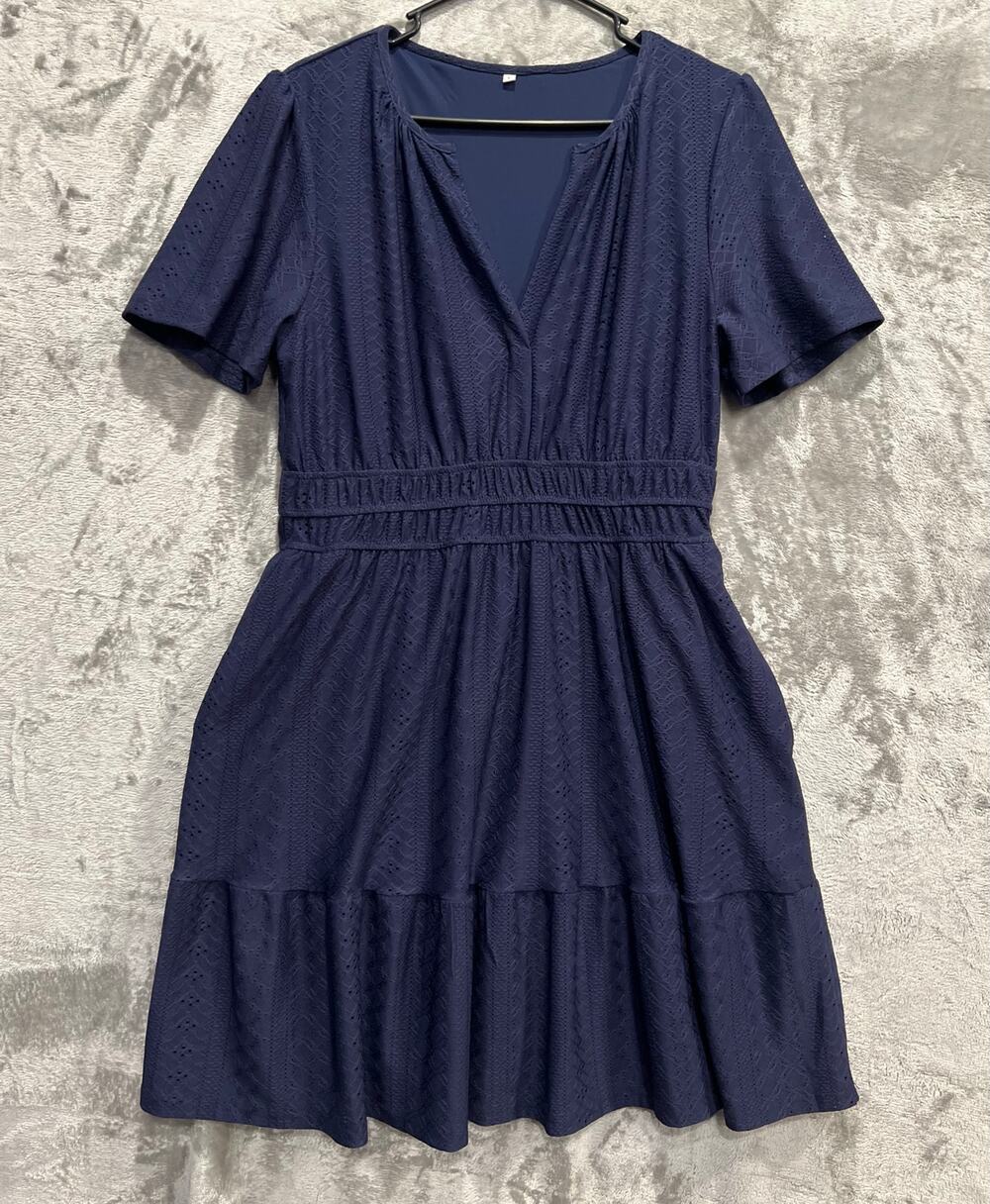 Navy Blue Eyelet Mini Dress V-neck Smocked Elastic Waist Pockets Size Large
